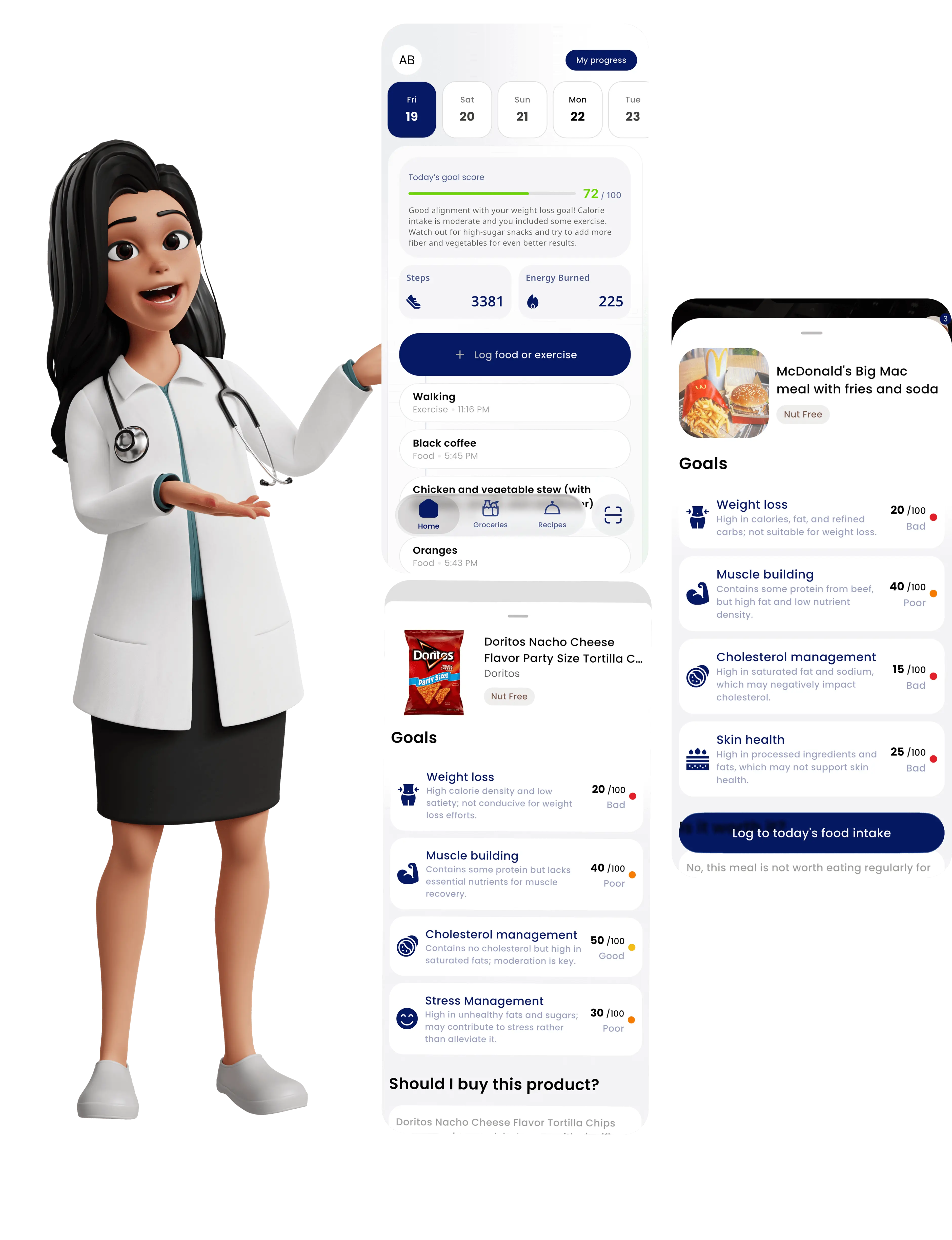 Nutrition App Interface showing food tracking and health metrics
